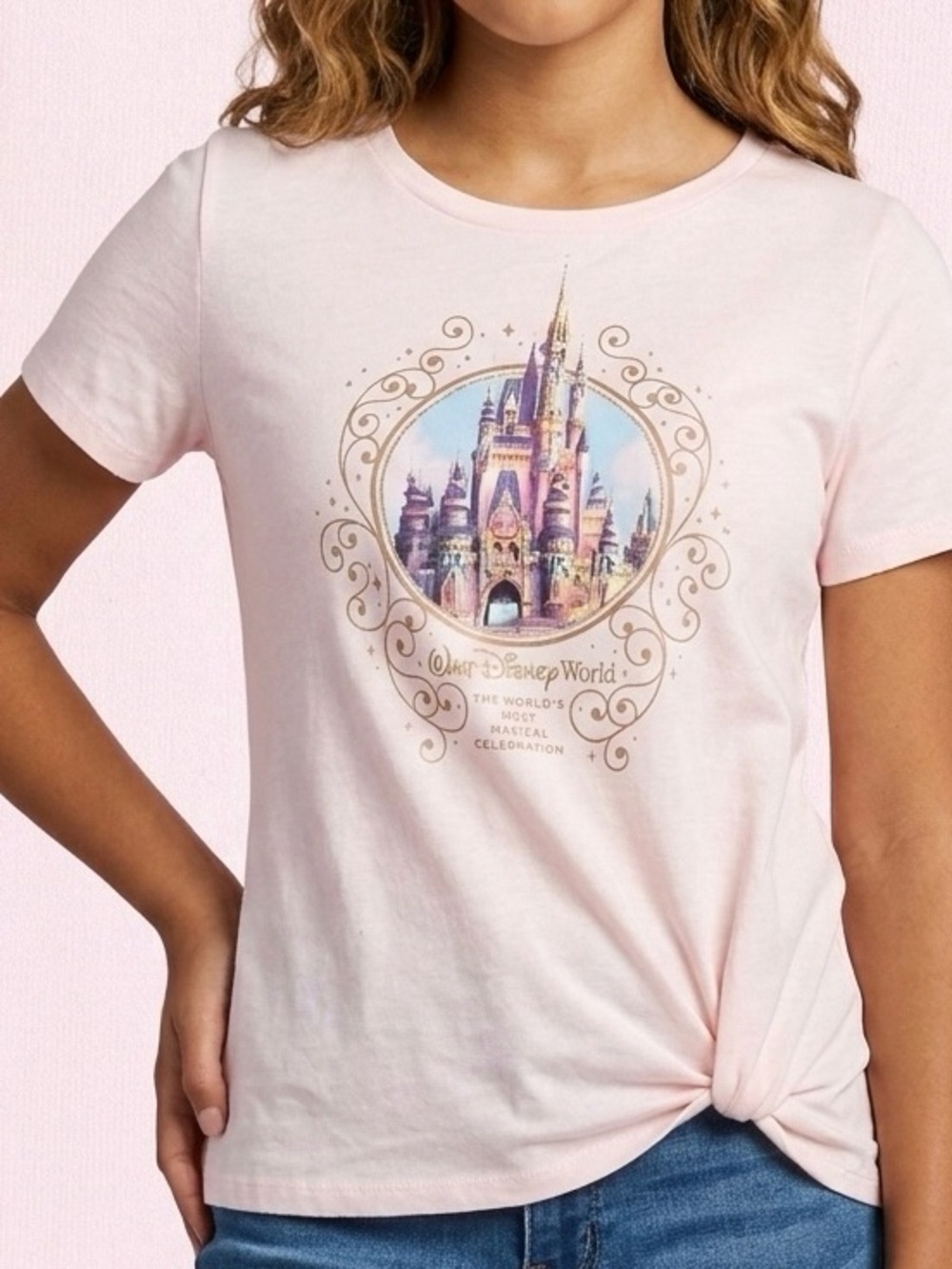 Disney Light Pink Castle Graphic Short Sleeve Tee with Gold Accents